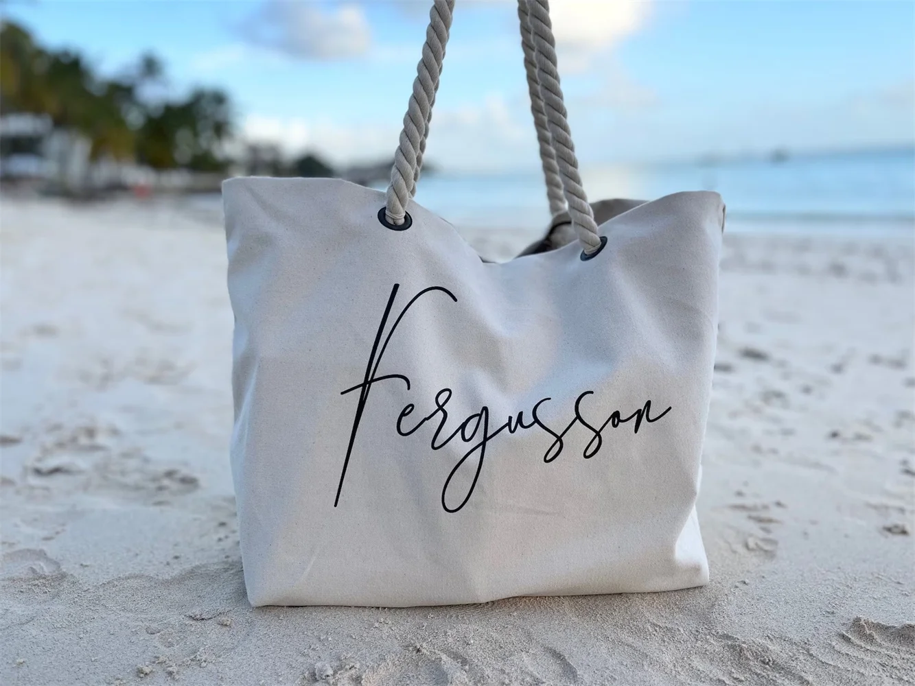 

Custom name Beach Bag | Personalized Holiday Bag with rope handle | Personalised Gift for her | Nautical Beach Tote | Honeymoon