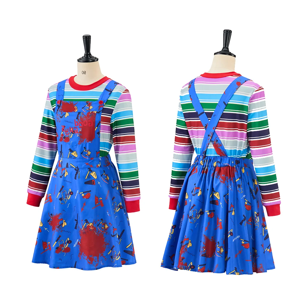 Horror Doll Chucky Cosplay Costume Blue Long Sleeve Rainbow Striped Top Plus Suspender Skirt Set Halloween Horror Party Costume