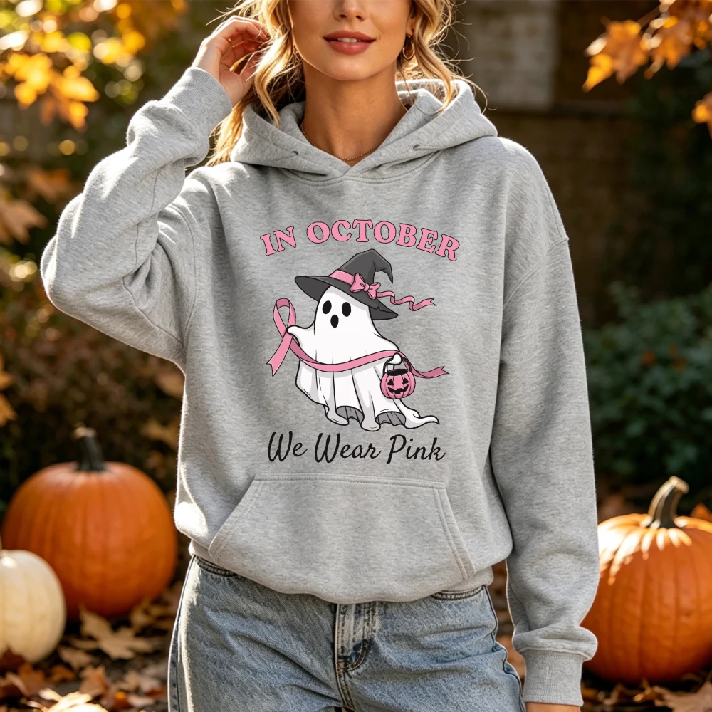 In October We Wear Pink Hoodies Breast Cancer Awareness Halloween Cute Ghost with Pink Ribbon Spooky Breast Cancer Support Tops