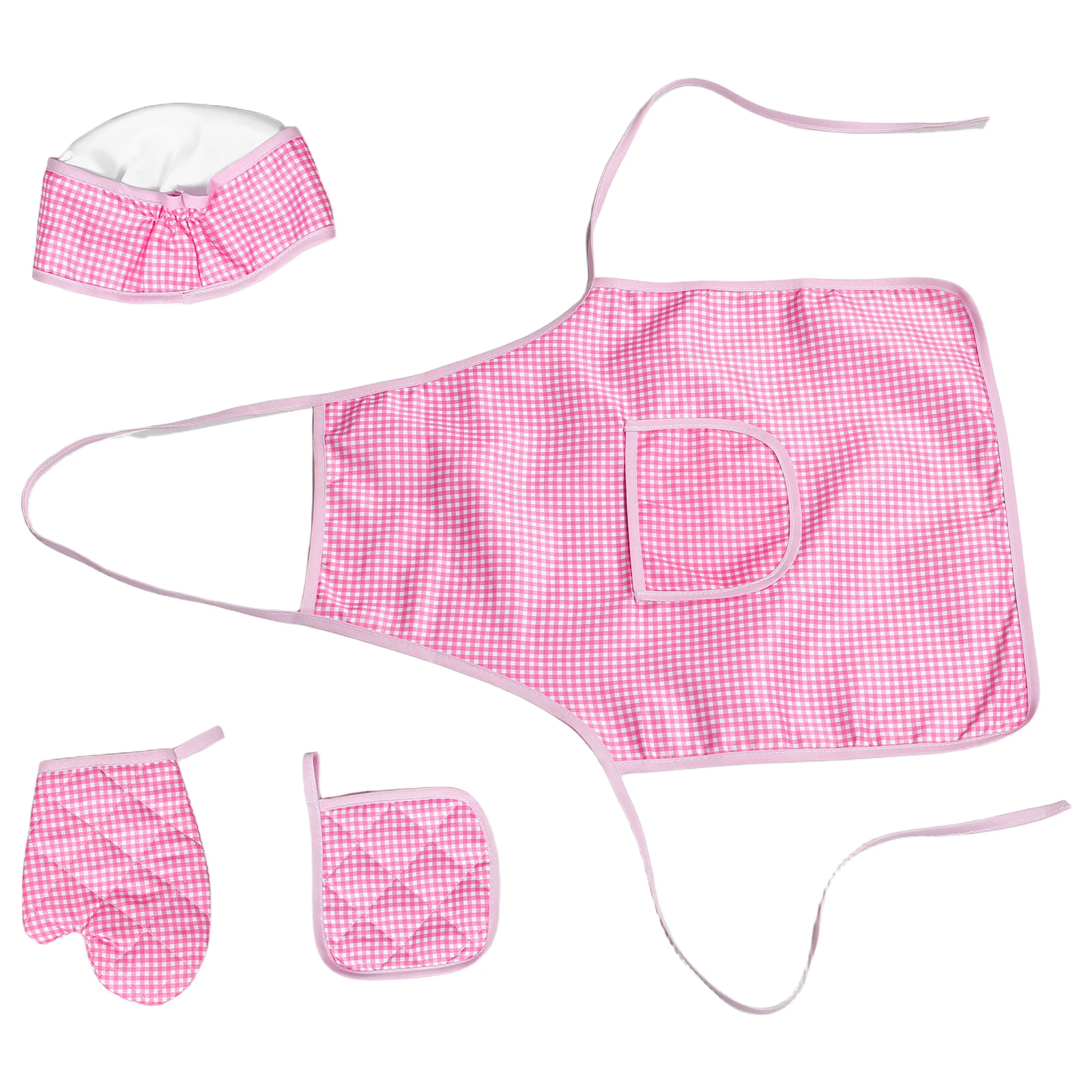 เด็กชุดผ้ากันเปื้อนครัวเด็กเครื่องมือทําอาหารสีชมพู Checkered Pretend Play หมวกเชฟเด็กวัยหัดเดิน Boys Roleplaying ปลอดภัยวัสดุ