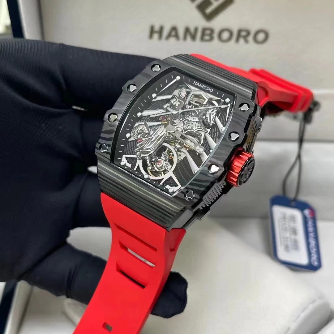 HANBORO Men Automatic Watch Luxury Mechanical Wristwatch Tonneau Waterproof Luminous Skeleton Carbon Fibre / Steel Bezel 8215