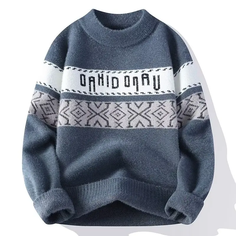 2024 New Men Winter Warm Grey Sweater Pullovers Autumn High Quality Men's Rock Hip Hop Plush O Neck Top Men's Cloting