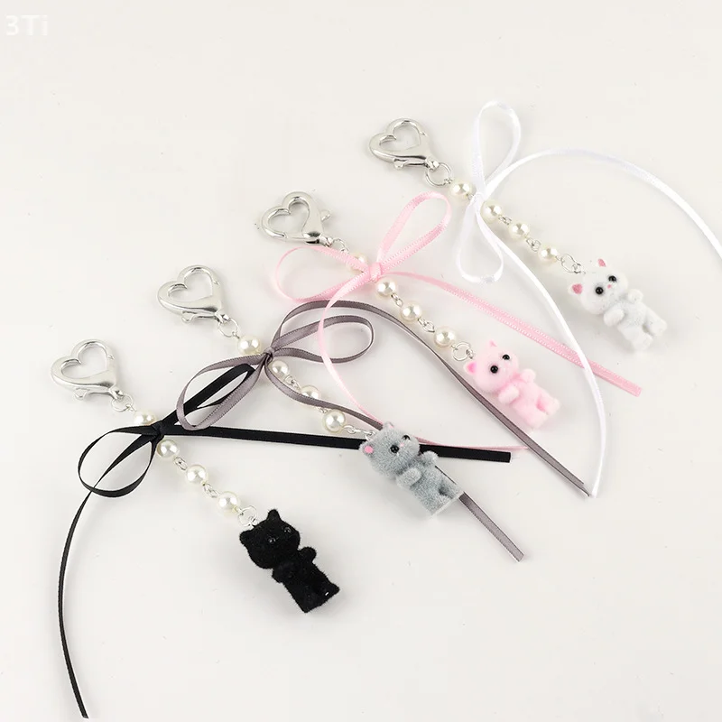 Брелок с пушистым котом и бантом, жемчужная лента, подвеска с котенком, подвеска, брелок, ювелирные изделия для девочек и женщин, украшение для подарочной сумки