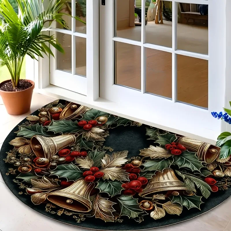 Christmas Buffalo Plaid Berries Semi Circle Doormat Winter Snowflake Welcome Mat