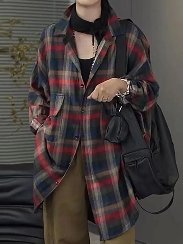 

Women's Plaid irt Coat Neutral Sle Bamboo Charcoal Fiber Long Sve Regular Thin Outdoor Wear Resistant to Deformation