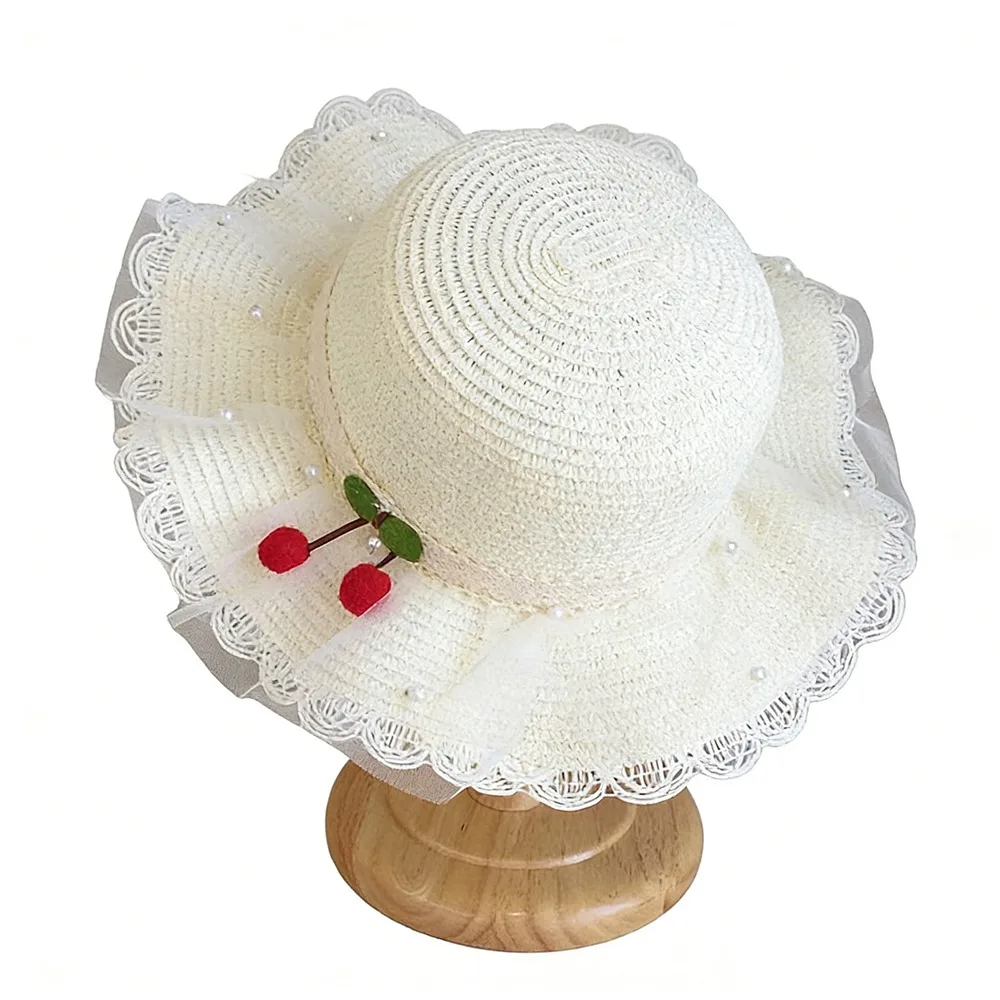 

Wide Brim Children Sun Hat Lace Trim Pearl Decoration Straw Hat Straw Material Breathable Material Sun Protection Hat