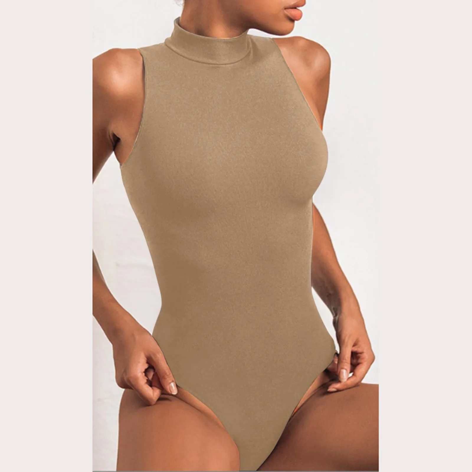 Ladies Casual Sexy Bodysuits Fashion Solid Color Snap Button Rib Bodysuits Turtleneck Round Neck Sleeveless Slim Fit Jumpsuits