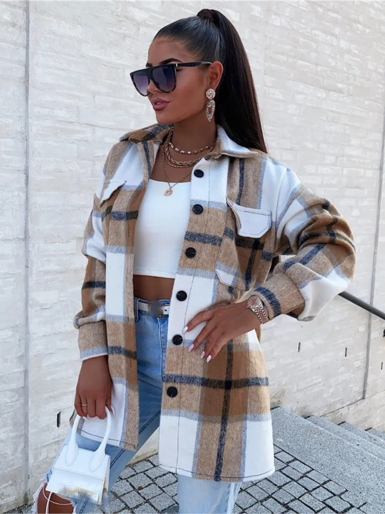 

Autumn Winter 2024 Women Top Button Jacket Coat Fashion Casual Vintage Plaid Elegant Single Breasted Long Sleeve Outerwear Tops