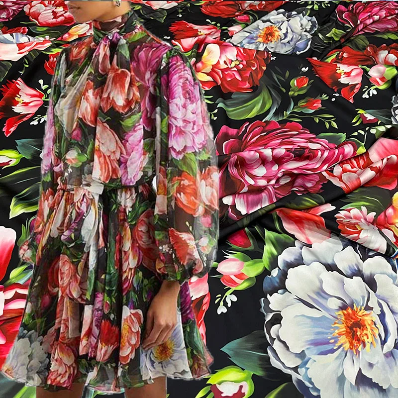 European and American Big Peony Flower Printed Imitate Silk Satin Fabric For Women Dress Blouse Pants Handmade DIY Cloth Sewing