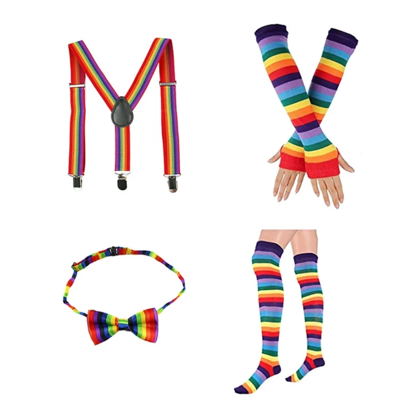 Cosplay Rainbow Costume Set Skirt Fingerless Gloves Socks Bowtie Suspender