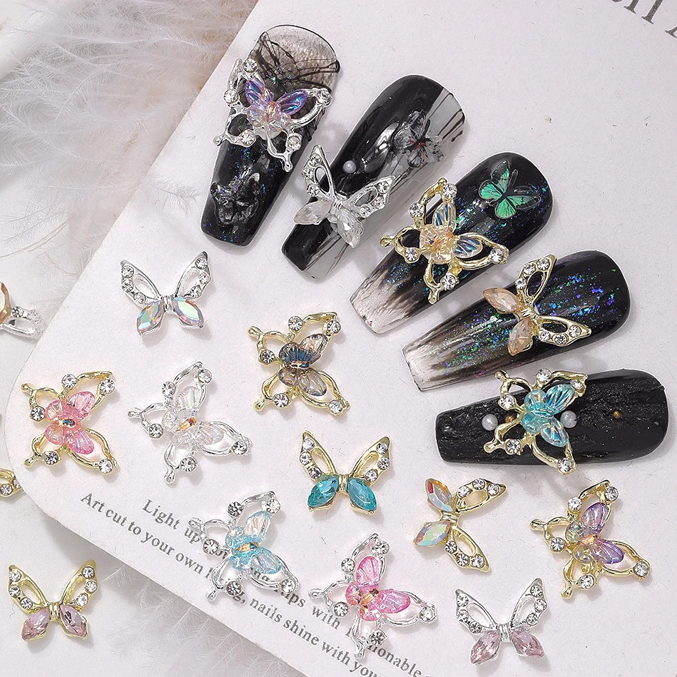 

10PCS 3D Hollowed-out Nail Art Rhinestone Butterfly Charms Luxury Alloy Parts For Nails Decoration Manicure Supplies Material