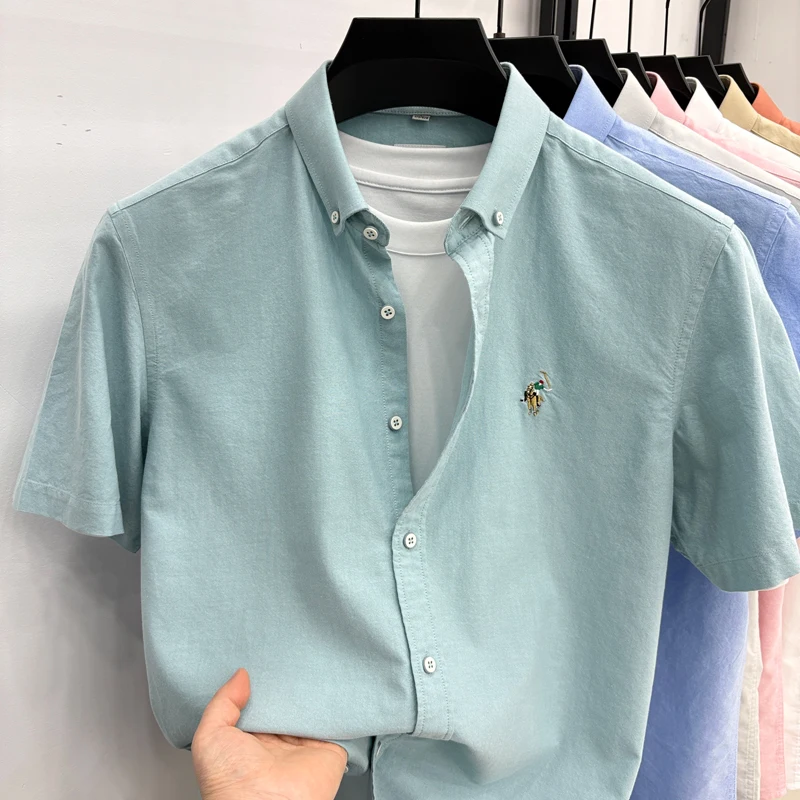 Camisa de Manga Curta Masculina, Novo Item de Verão, 100% Algodão, Marca de Alto Padrão, Camisa Casual com Logo Bordado do Cavalo Pequeno