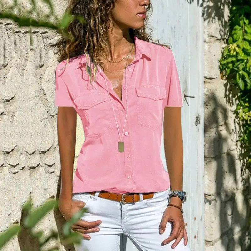 Dames Punk Sle Katoen irt met Kraag ort Sve Slim Fit Faionable Pure Color Splice Design Zomer Casual Top