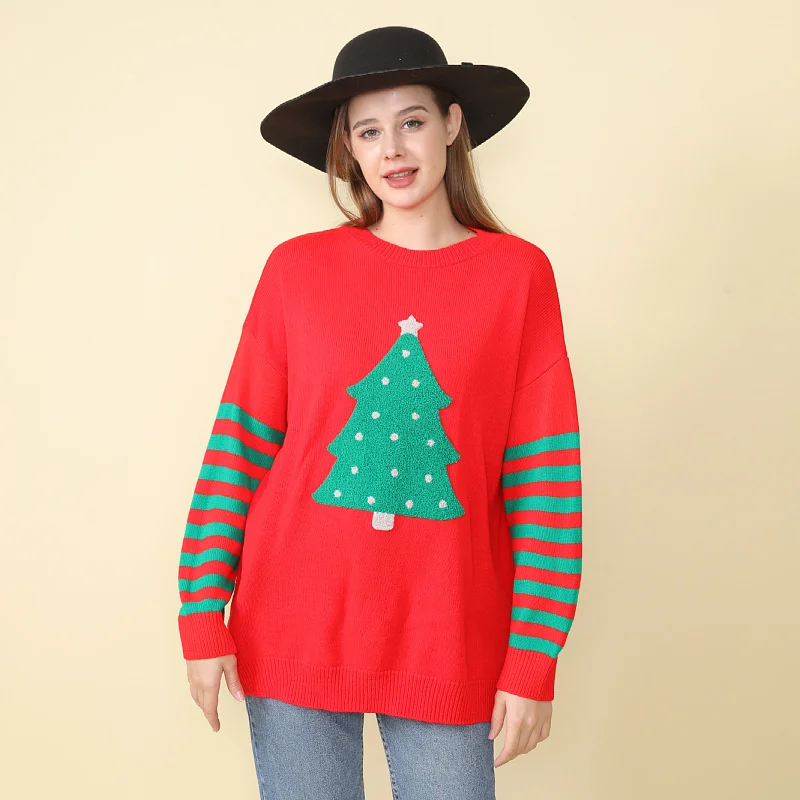 Christmas Tree Pattern Knitted Top Women\'s Autumn And Winter Pullover Round Neck Loose Xmas Sweater For Women 2025 Noel Clothes