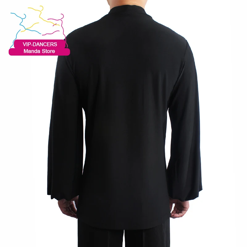 Ropa de baile latino para hombre, Top negro de manga larga con cuello alto, traje de baile de salón estándar, Ropa de baile de entrenamiento masculino VDL3534