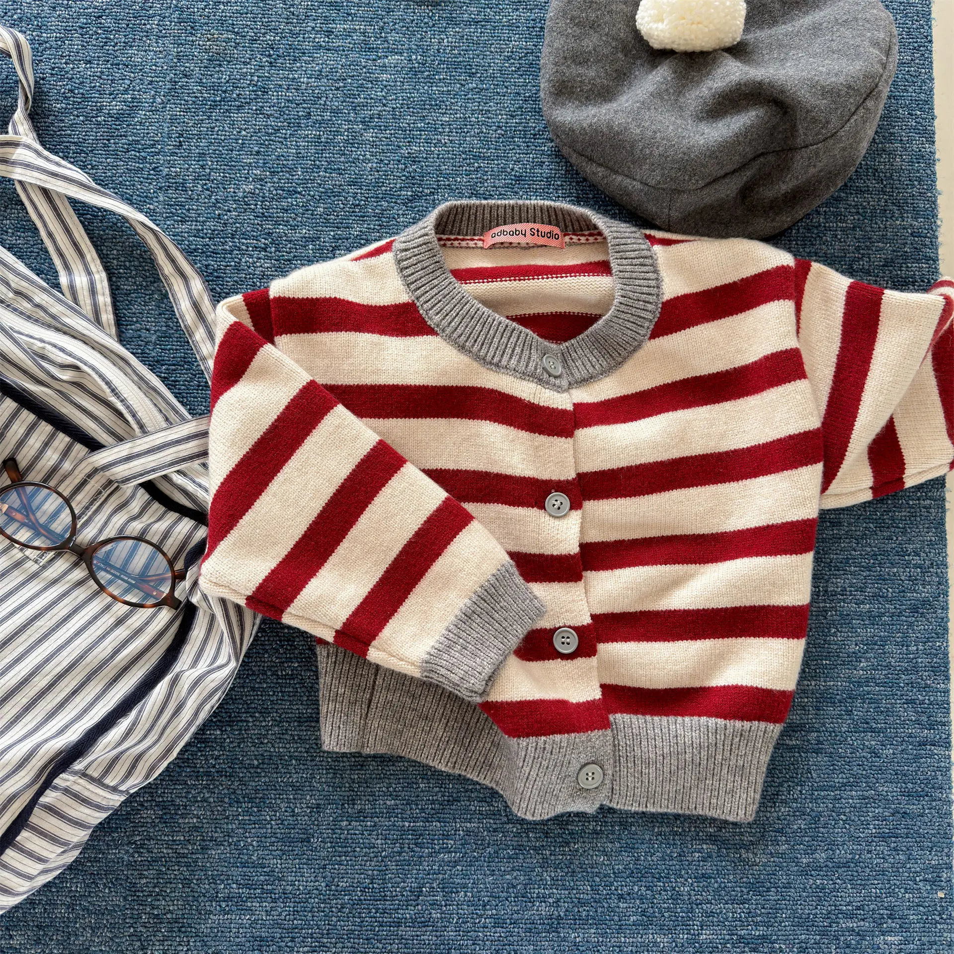 7583 Children Sweaters 2026 Autumn and Winter New Baby Girl's Cardigan Coat Striped Sweater for 1-7 Yaers Boys
