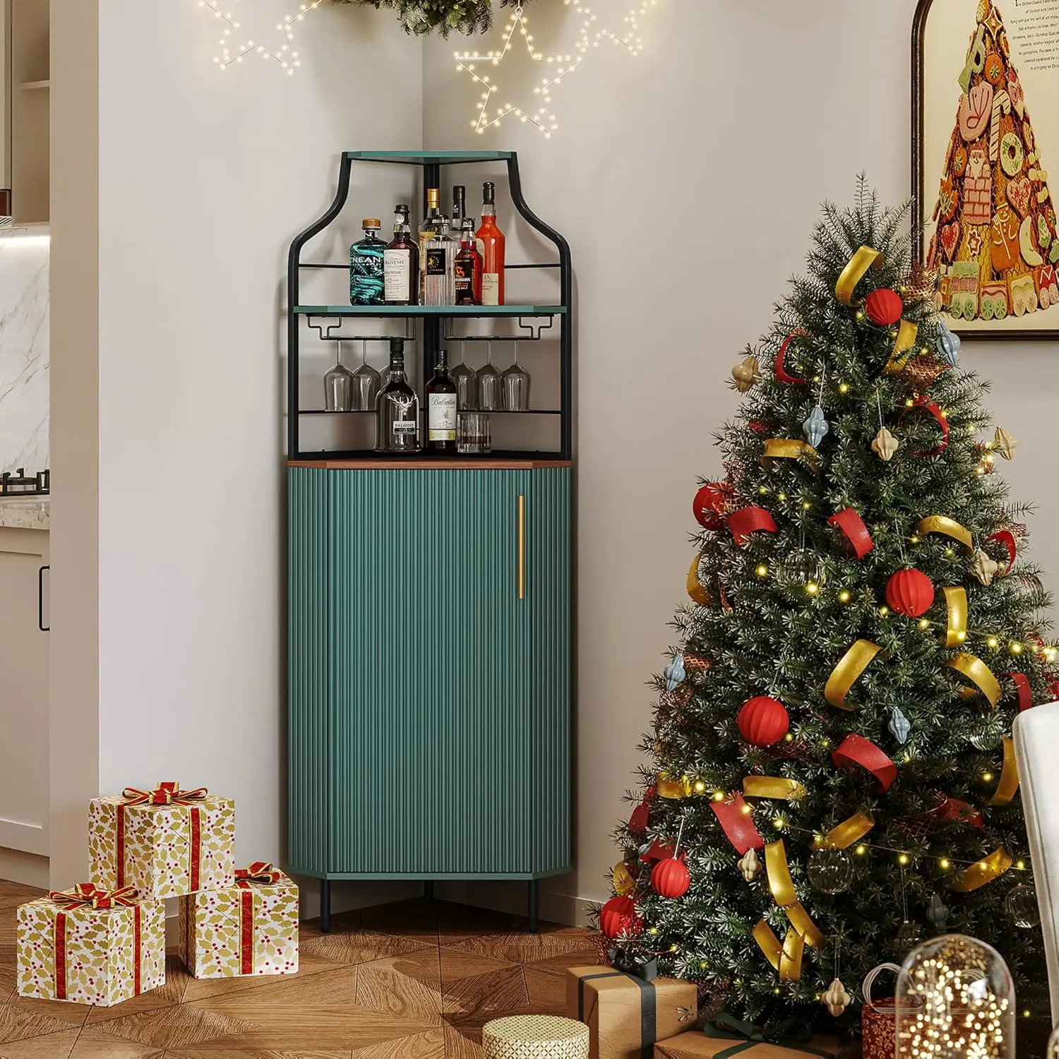 Mueble de Bar Esquinero con Tira de LED, Barra de Café Esquinera Moderna de 4 Niveles con Soporte para Vasos, Mueble Alto para Licores con Diseño Acanalado, Personalizable
