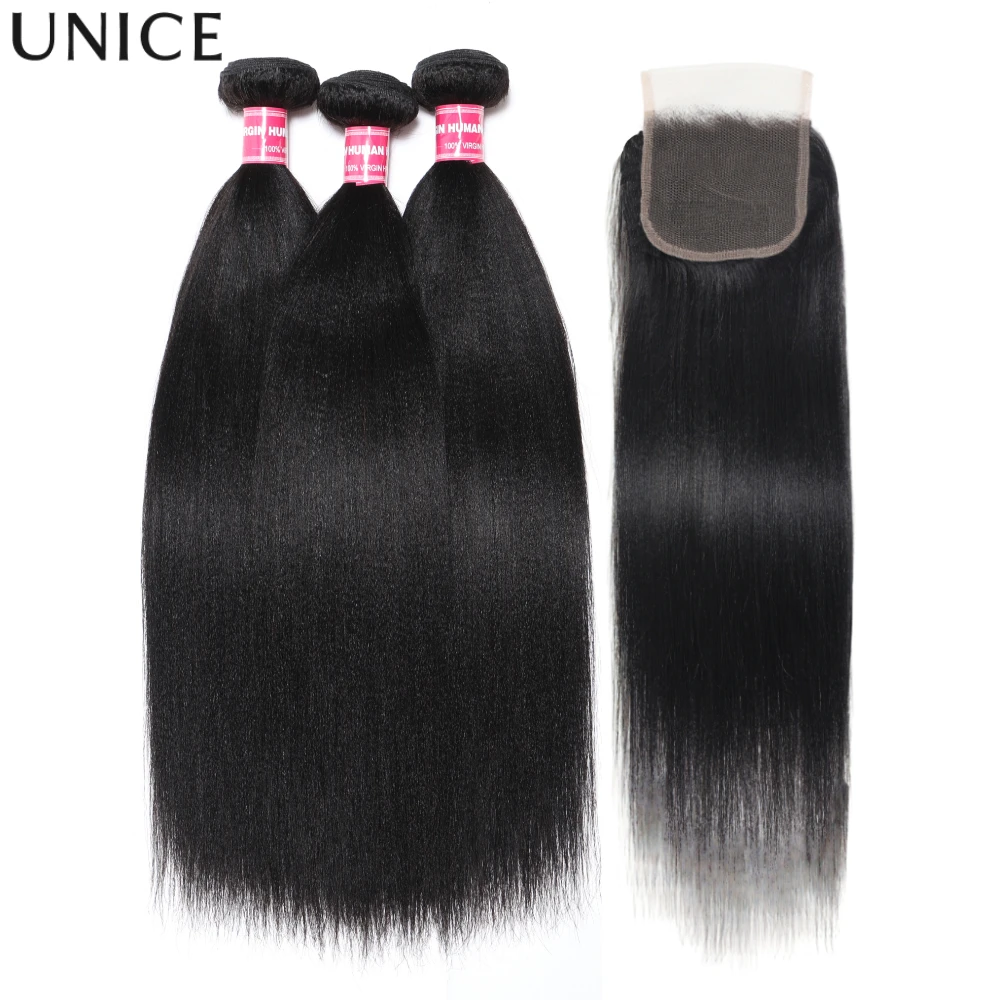 

UNice Yaki Прямые пучки с застежкой Натуральный цвет 100% пучки человеческих волос 2/3/4 шт. и 1 шт. Свободная часть 4x4 дюйма с кружевной застежкой