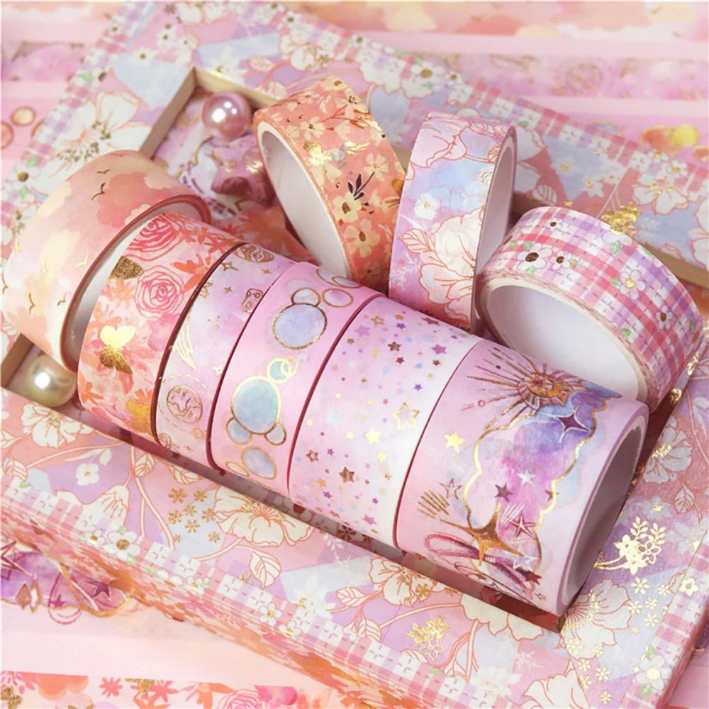 Imagem -05 - Conjunto Pink Gold Stamping Washi Tape Retro Series Decorative Tape Masking Tape Scrapbook Diary Stickers School Supplies Supply Pcs