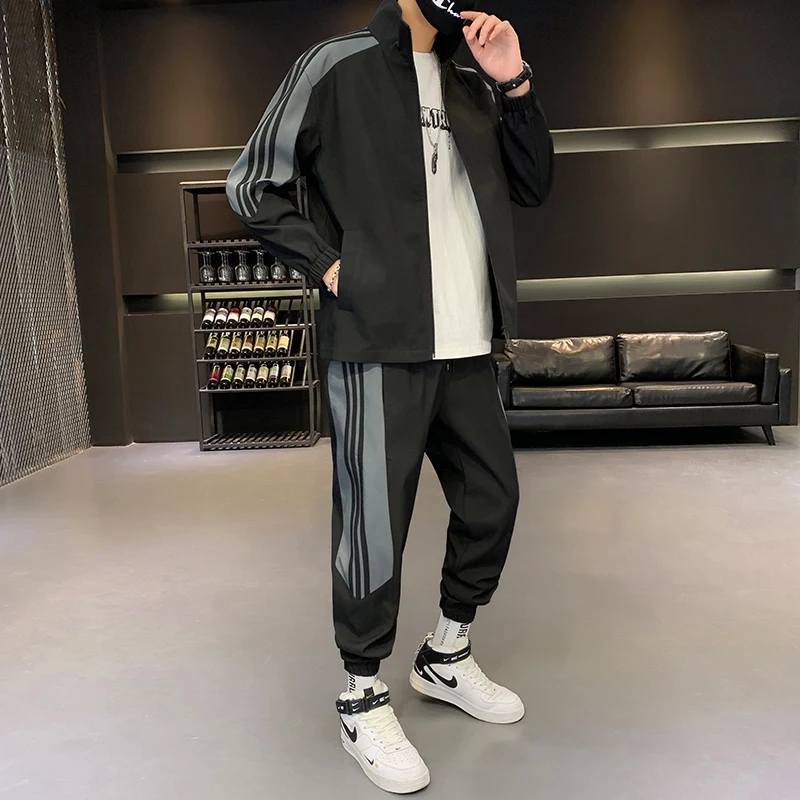 Men Sets Jogging Sports Suit Tracksuit Harajuku Outfit Autumn Men\'s Sportswear Solid Casual Jacket+Pants Two Pieces Clothing