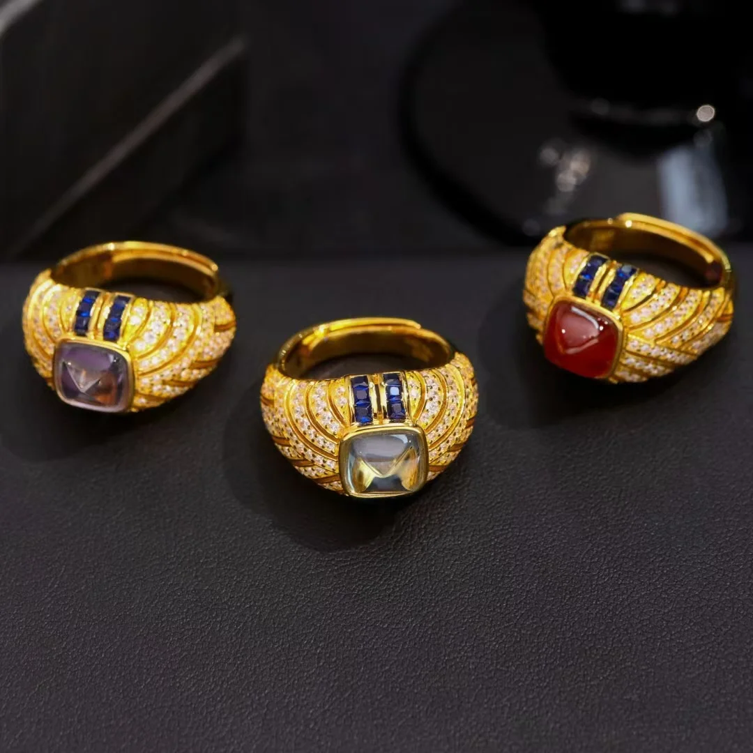 Certificated 925 Silver Natural Amethyst/Garnet/Topaz Chunky Rings Unisex Cushion Cut Multi-gems Statement Band Men Jewelry Gift