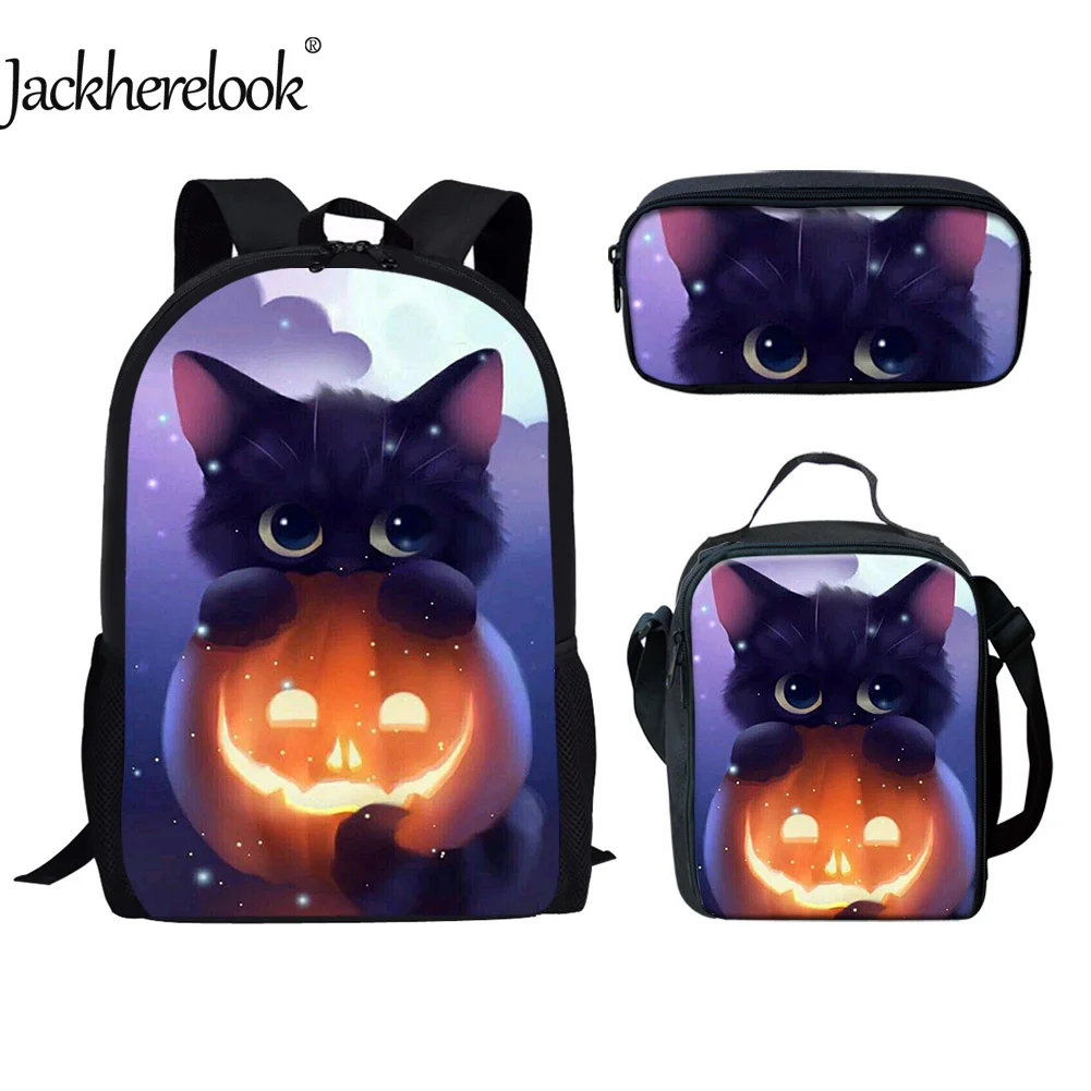 

Jackherelook Cute Black Cat 3Pcs/Set School Bags Kids Boys Notebook Backpack Large Capacity Schoolbags Gift Mochilas Escolares