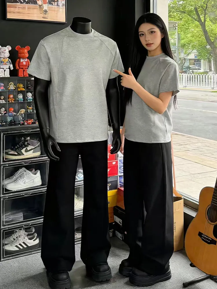 Grey American Short Sleeve T-Shirt Unisex Summer Casual Style Heavyweight Inner Wear Small Collar Deconstructed Slim Fit Top