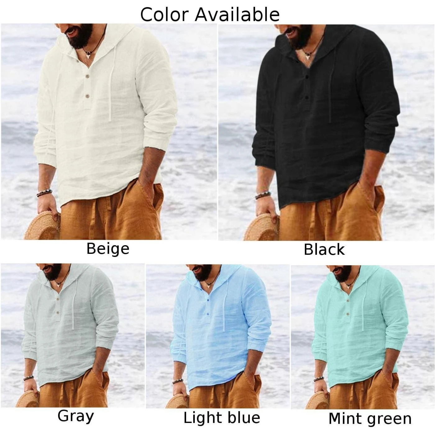 Camisa de manga larga con capucha para hombre, blusa informal de lino y algodón con botones, Color sólido, Estilo Vintage, para playa, otoño