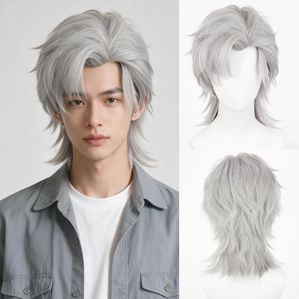 Grey Synthetic Short Straight Men Mullet Head Wigs Men Wolf Tail Anime Game Cosplay Wig for Daily Party