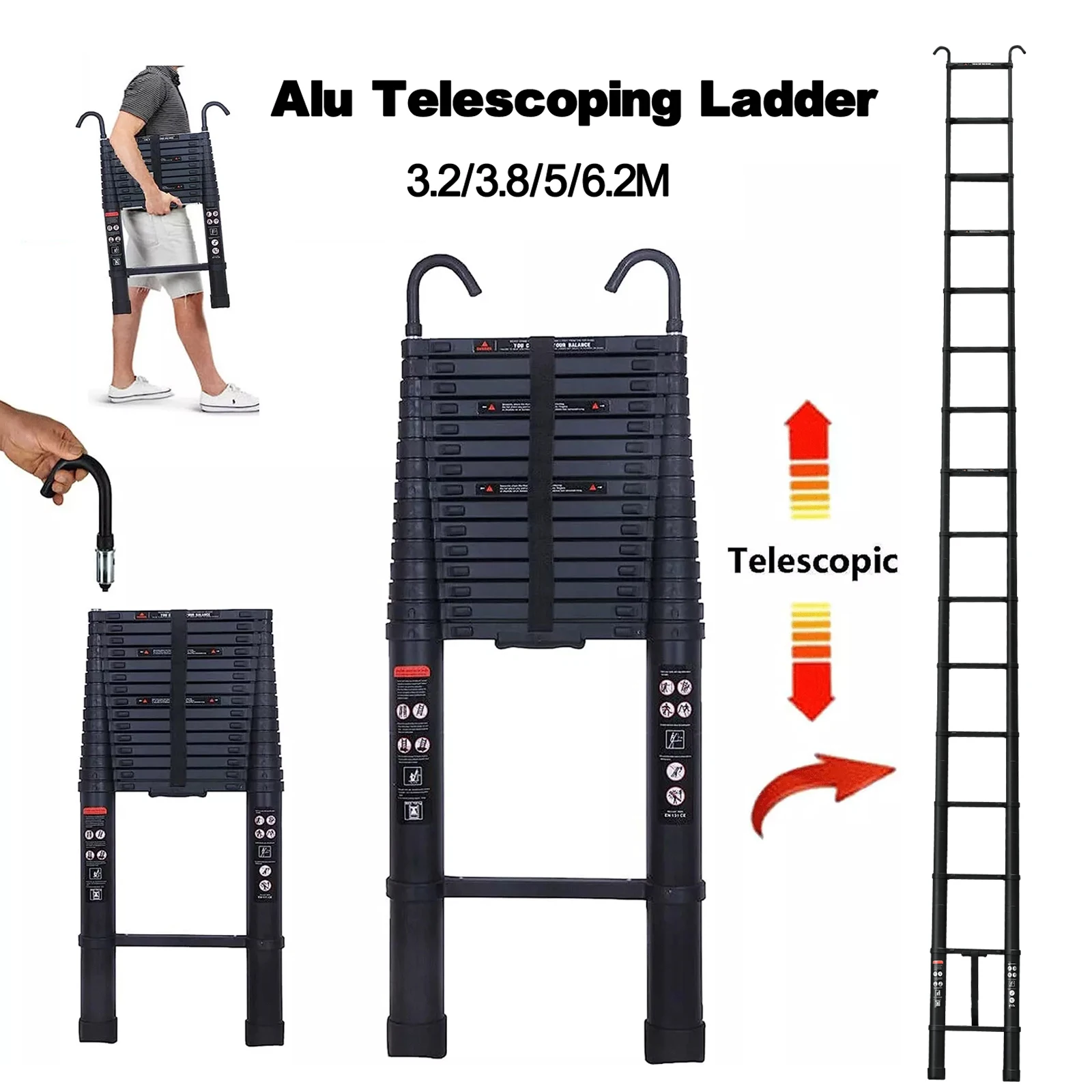 Multi-Purpose Telescopic Ladder w/Removable Hook ，Aluminium Folding Ladder Non-Slip Extendable Step Ladder Load 150 kg