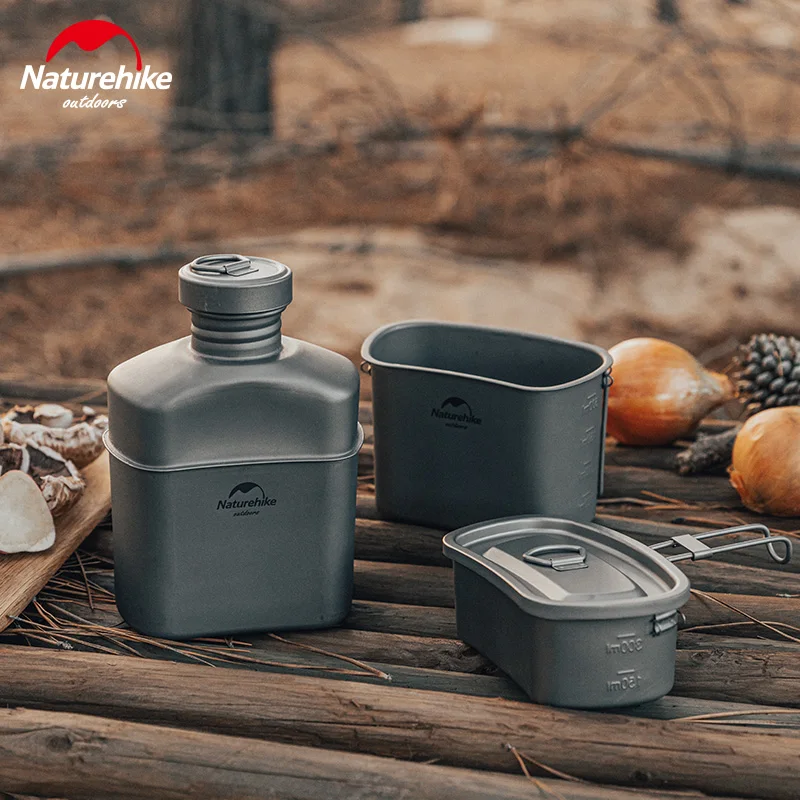 Naturehike Titanium Kettle/Pot/Bowl 3-Piece Set Outdoor Stackable Ultralight Combination Picnic Tableware Can Suspended Heating