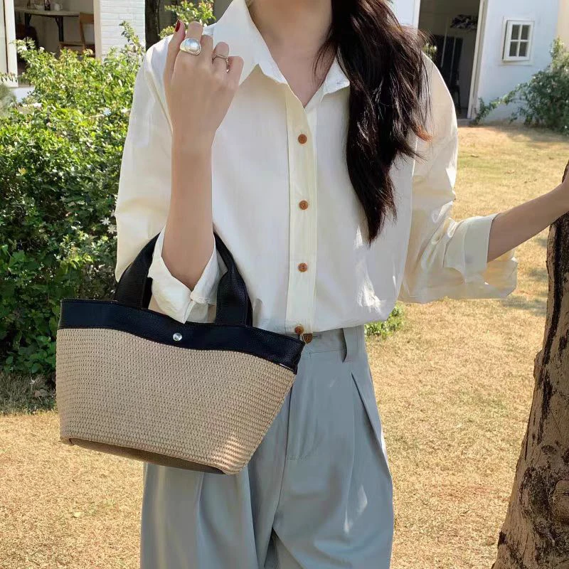 

Сумка контрастного цвета с вышивкой, летняя новая модная простая тканая сумка, большая вместительная универсальная сумка-тоут для отдыха и отдыха