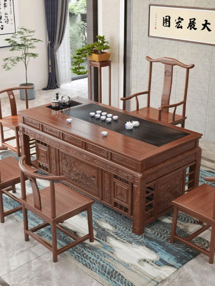 Chinese-Style Elm Solid Wood Table-Chair Set Tea Table Office Black Stone Kung Fu Tea Table Tea Set
