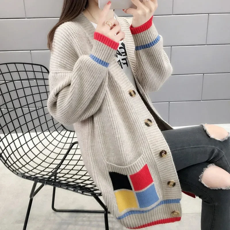 

Spring Autumn Female Pocket Cardigan Knitwear Ladies Slanted Collar Long Sleeves Sweaters 2024 Women Medium Long Styles Knitting