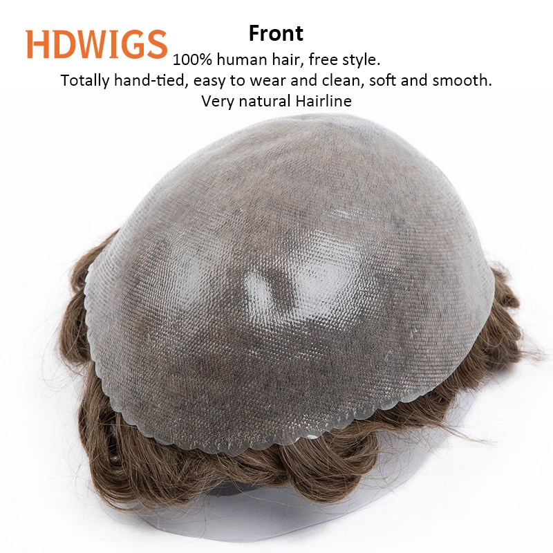 Natural Wave Straight Men Capillary Prosthesis Full PU 0.04-0.06cm Vloop Male Toupee Human Hair System Unit Natural Hairpiece