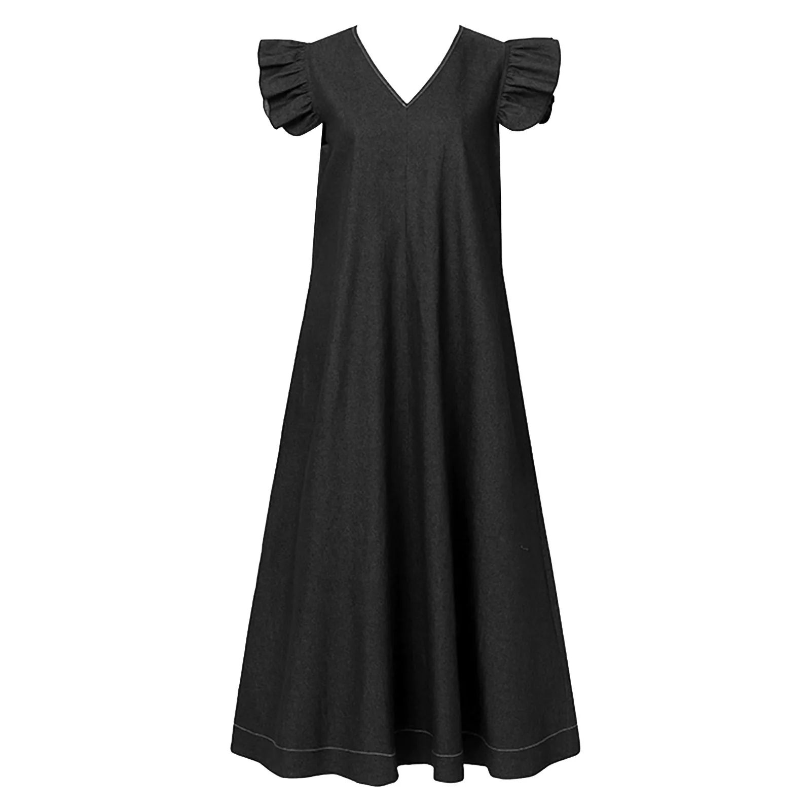 Korean Solid Temperament V Neck Bohemian Loose Size Long Dress Womens Sundresses with Pockets Womens Short Sleeve Tunic Dress