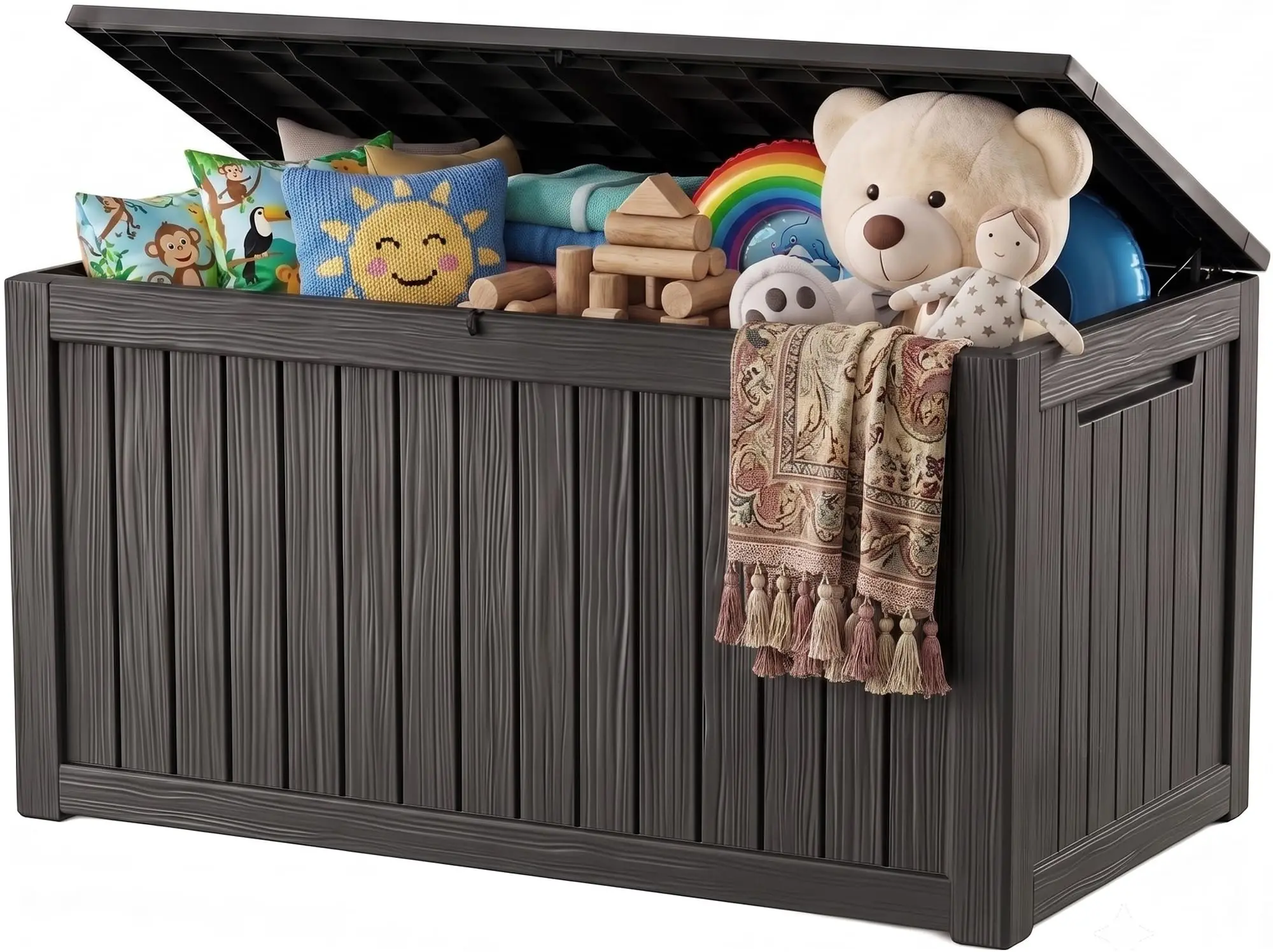 Outdoor Storage Box, 360 Gallon Waterproof Resin Deck Box with Support Rod
