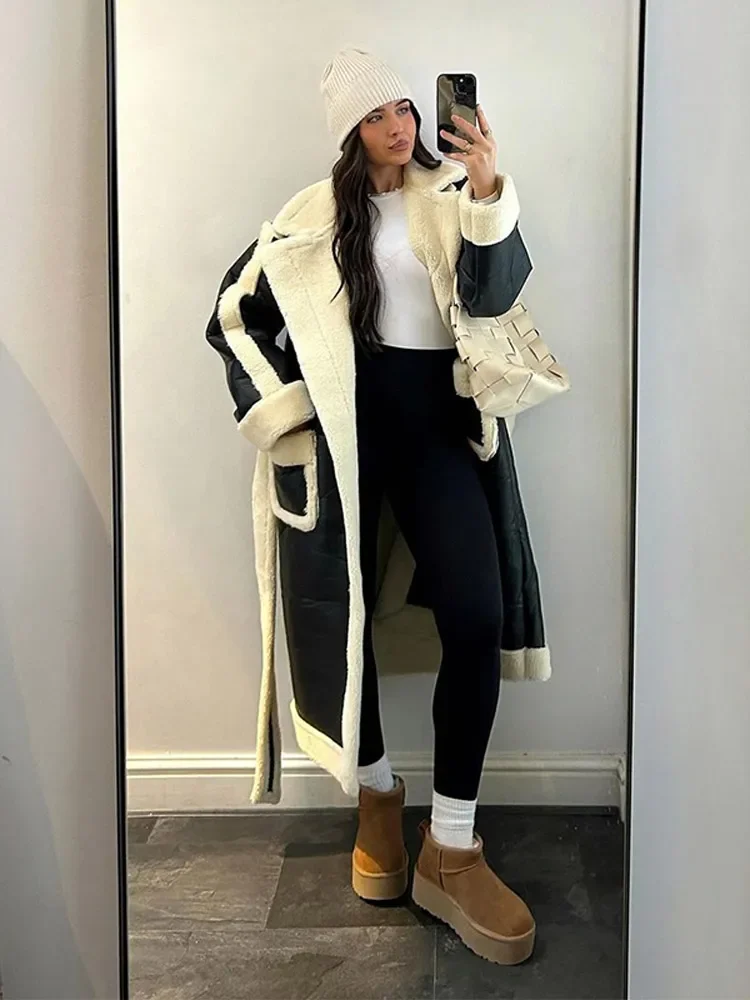 Chic Lapel Contrast Leather Overcoat For Women Casual Long Sleeved Double Pocket Coat With Waistband Autumn New Street Outerwear