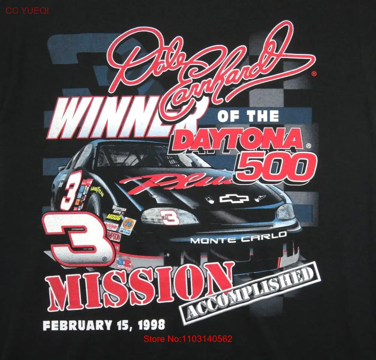 تي شيرت رجالي Dale Earnhardt Daytona 500 Mission اكتمال Winston مقاس كبير من التسعينيات