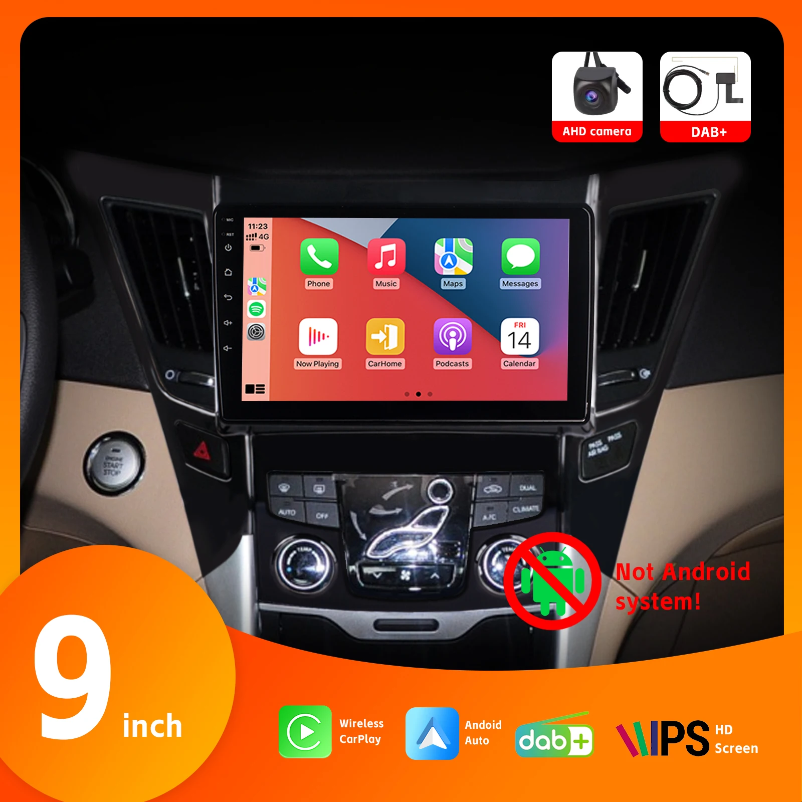 

9" HD IPS Touch Screen Car Radio with Wireless Carplay Android Auto BT DAB+ AHD Rear View Camera for Hyundai Sonata 2010-2015