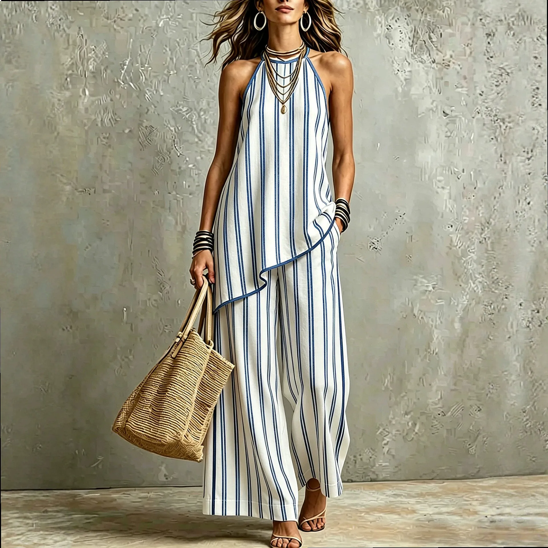 Striped Sleeveless Asymmetric Hem Top with Flowy Casual Pants Matching Set Jumpsuit Blouse