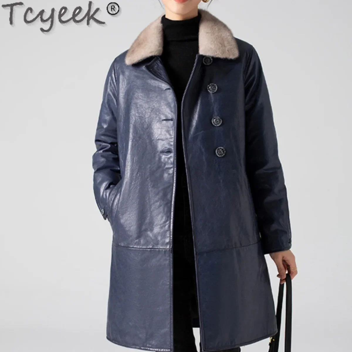 Tcyeek-Doudoune en cuir véritable pour femme, col en fourrure de vison chaud, vestes mi-longues, manteau en peau de mouton d'avertissement à l'huile, vêtements d'hiver