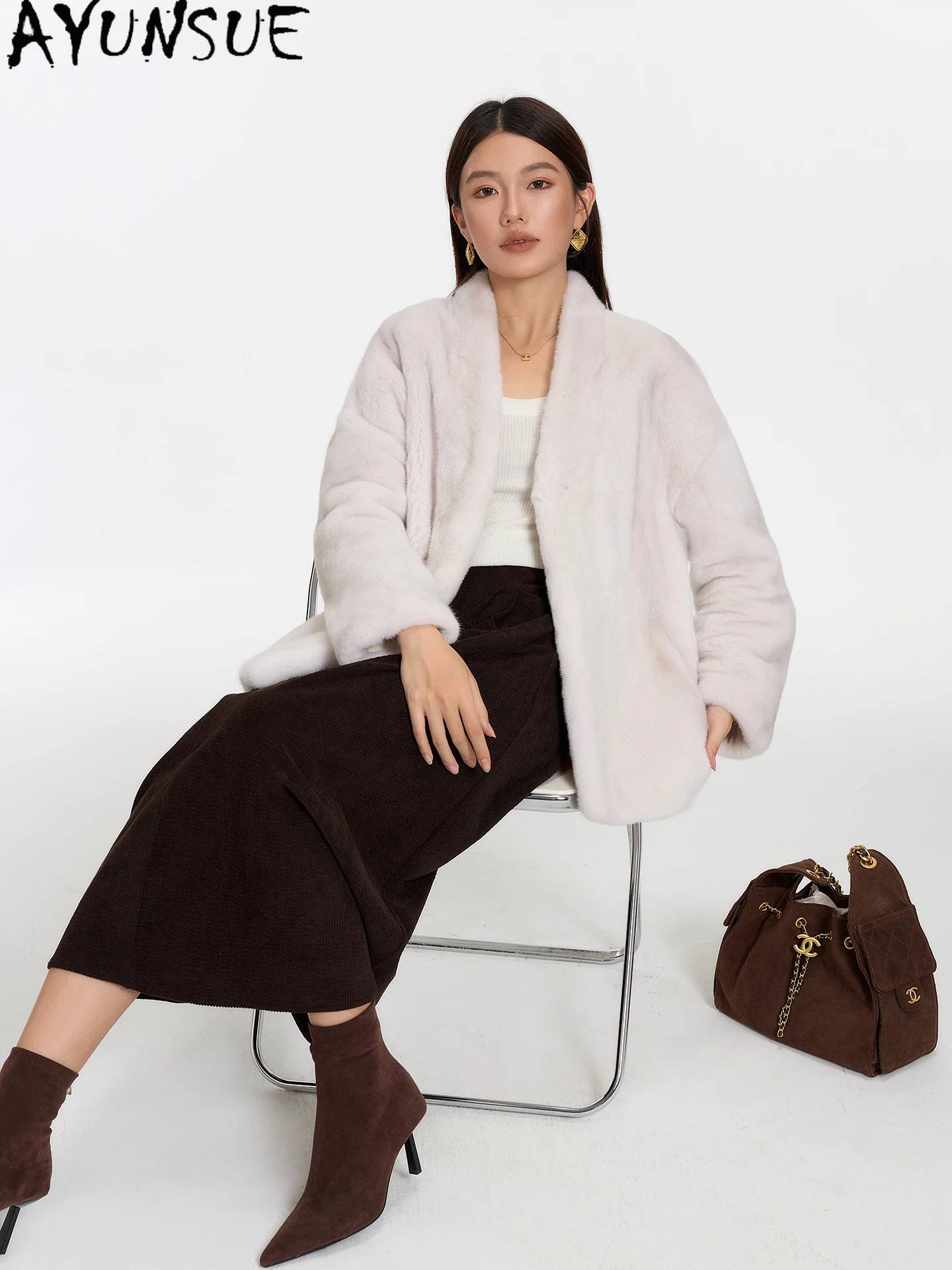 معطف فرو طبيعي فاخر من AYUNSUE ملابس شتوية للنساء 2025 سترة فرو حقيقي من المينك بالكامل معاطف نسائية جديدة في معاطف شوبانا Жénska #2