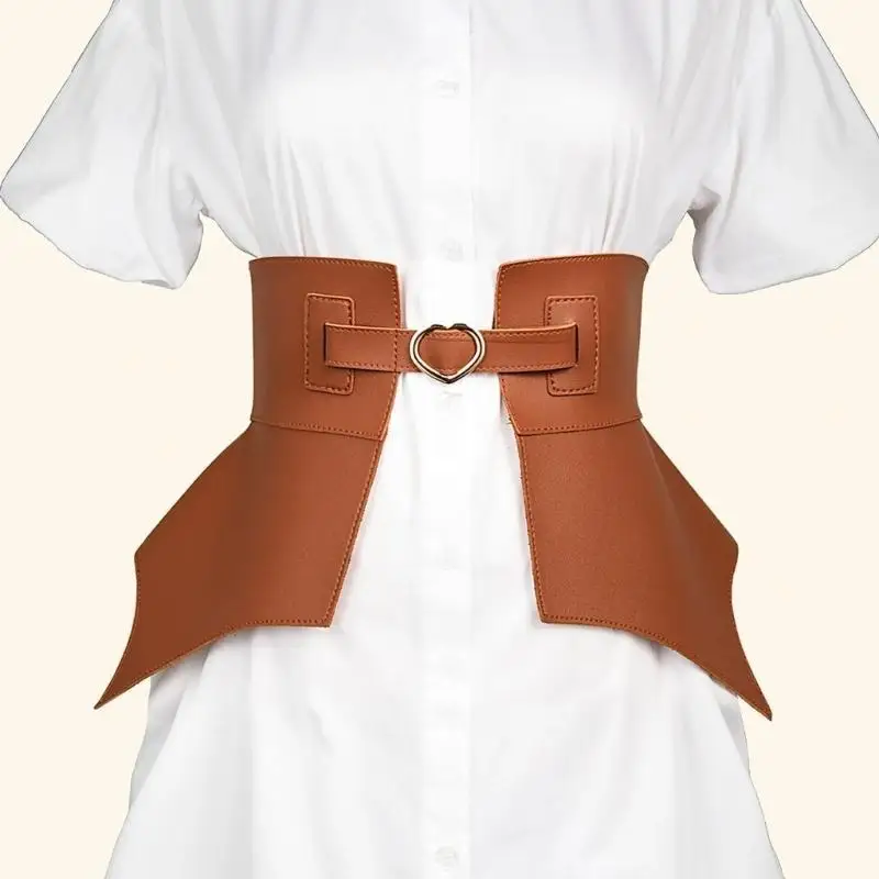 Sweet Ladies Wide Belt Heart Buckle Vintage Edge Faux Leather Fashion Wild Ruffle Edge Women's Belt Waist Seal Belt