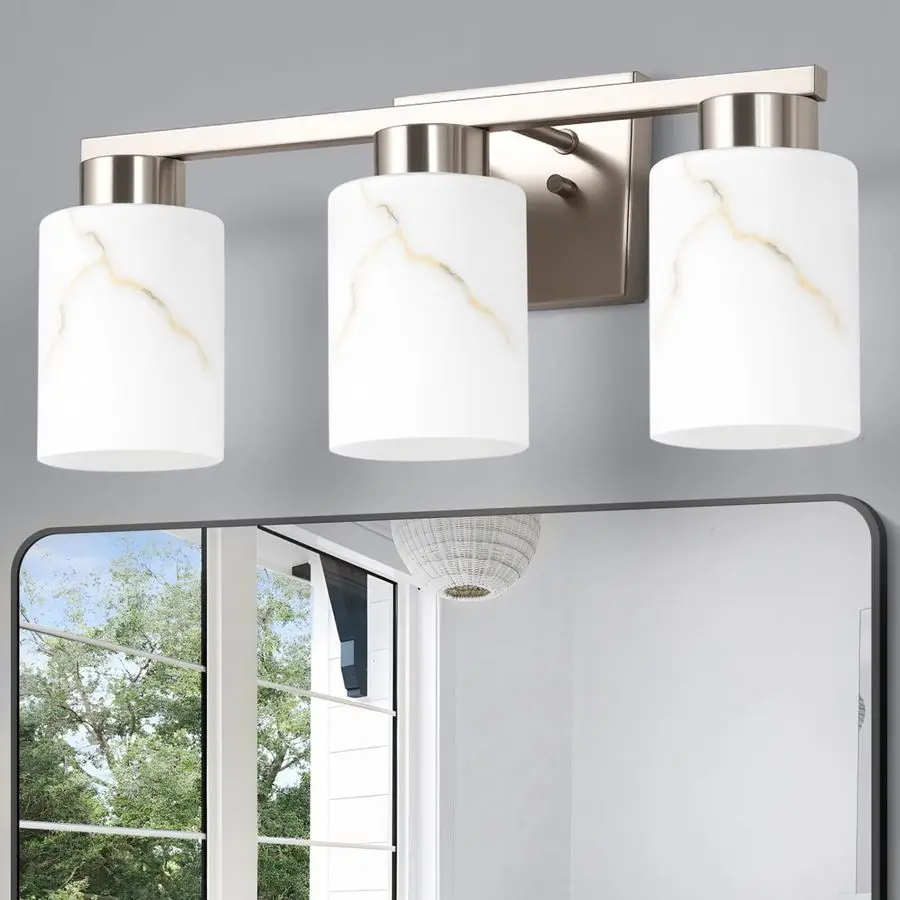 

Bathroom Light Fixtures, Modern Vanity Lights, Brushed Nickel Metal Wall Lamp with White Marble Glass for Bathroom, Mirror, Livi