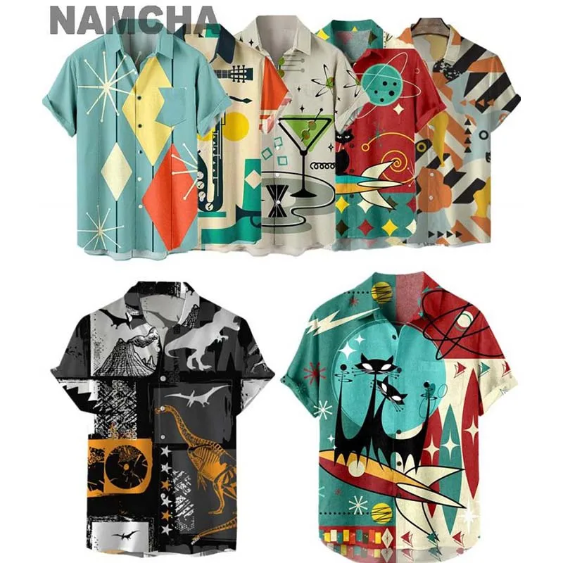 2023 Summer Beach Style Men\'s Hawaiian Shirts 3D Printed Casual Musical Instruments Tops Loose Short-sleeve Blouses Camicias