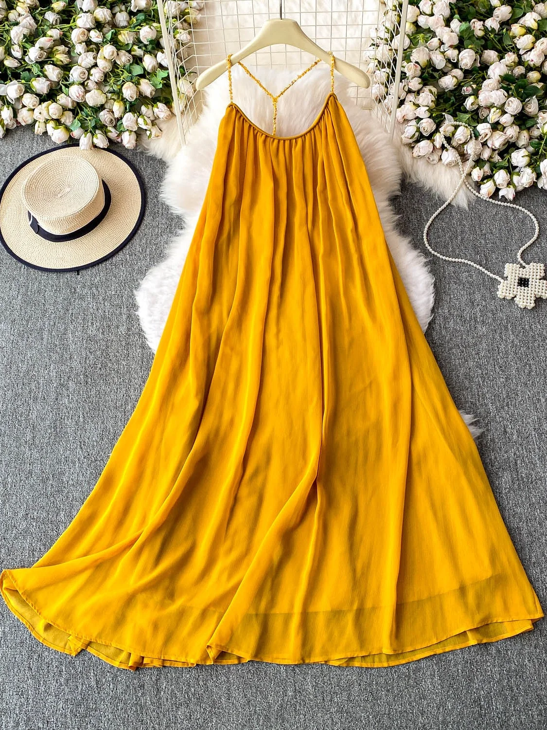 Żółta Letnia Seksowna Luźna Spódnica Damska Dr Vaion Szeroki Dół Długa Spódnica z Wysokim Stanem w Kształcie Litery A Koreańska Bez Marki