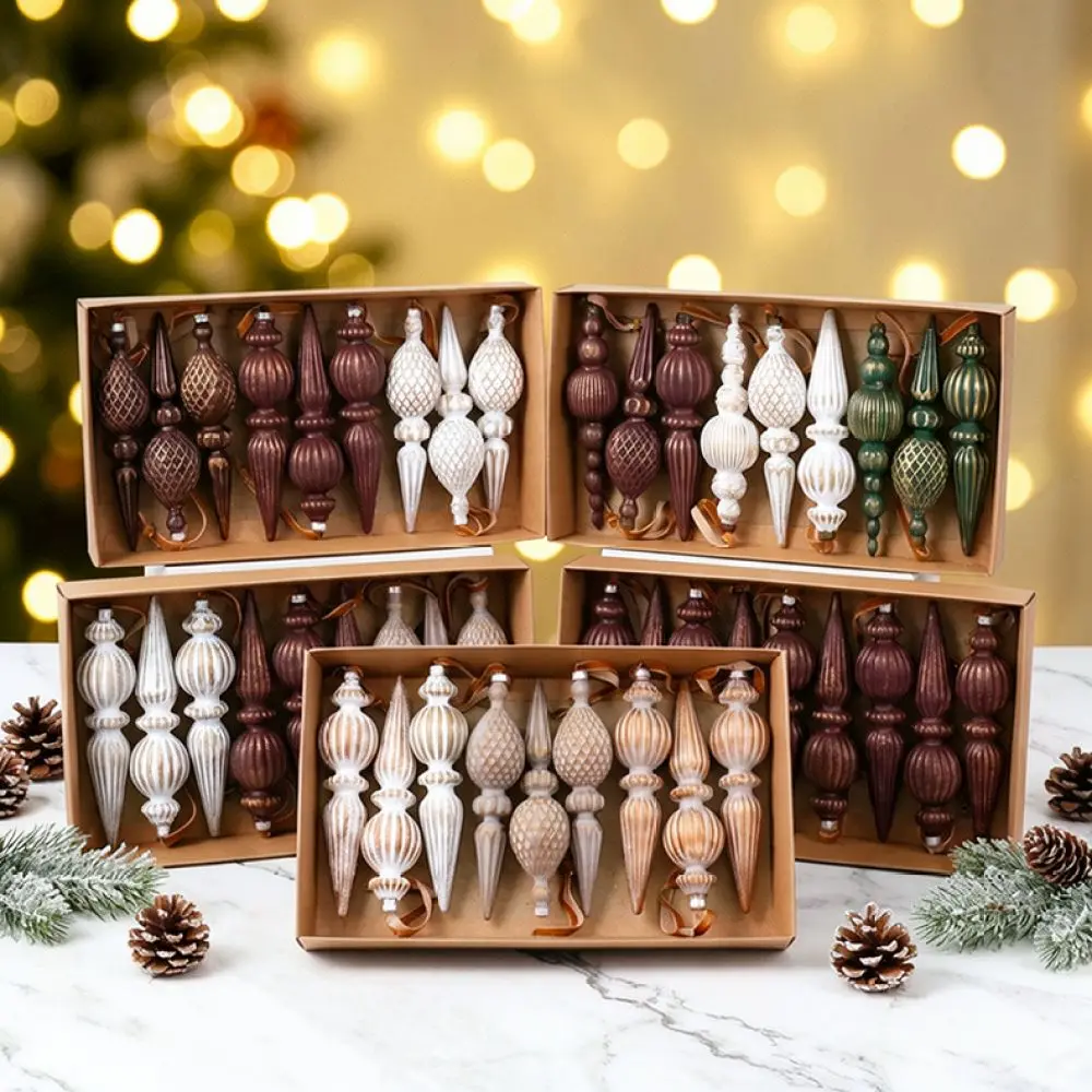 Elegant Christmas Tree Hanging Ornaments Vintage Brown Cream Teardrop Baubles Decorative Gift Box Holiday Decor