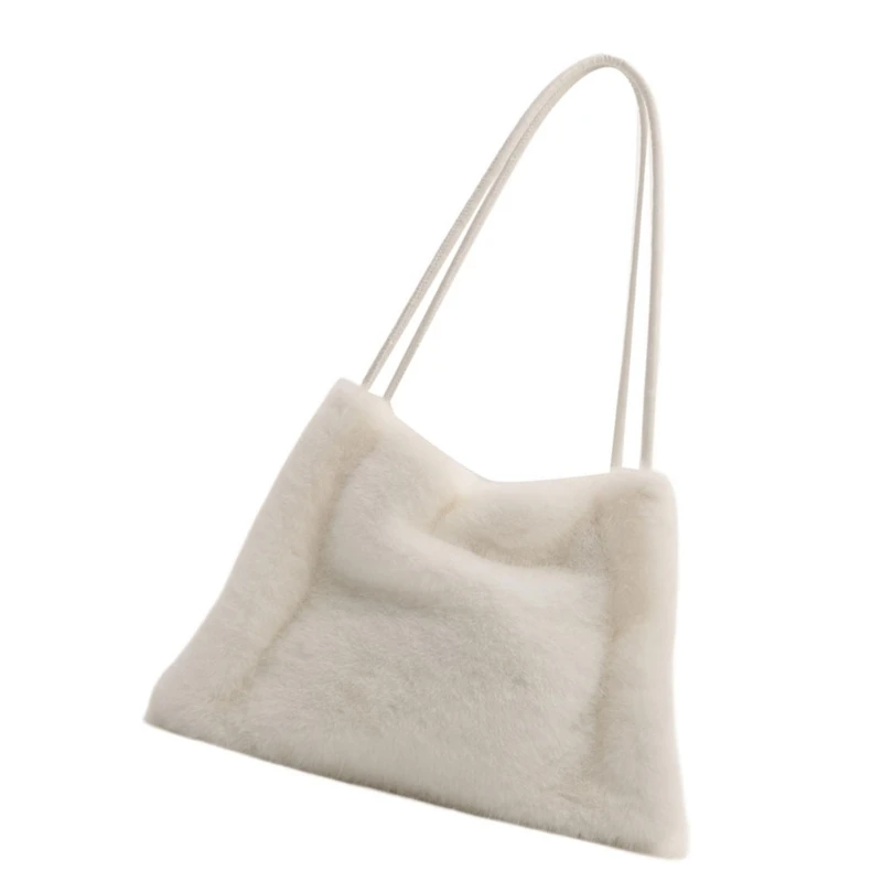 E74B Stylish Women's Furry Bucket Handbag Multipurpose Solid Color Plush Shoulder Bag for Daily Commute And Casual Outings