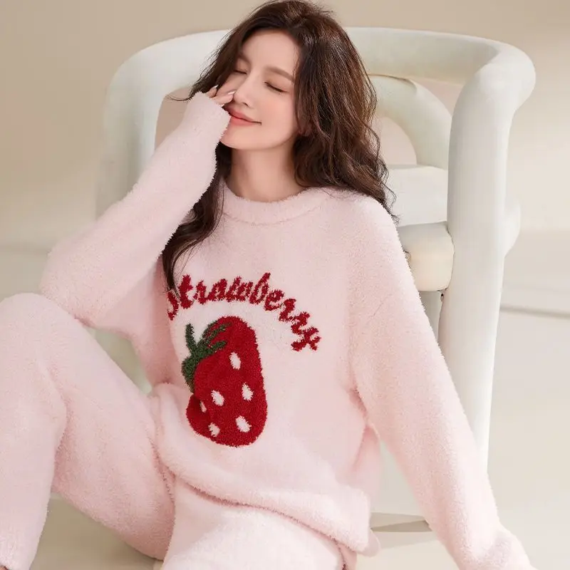 

Cute Women's Pajamas Set Coral Fleece Color Autumn Winter Warm Long Sleeves Sleepwear Comfortable Homewear Cozy Loungewear New